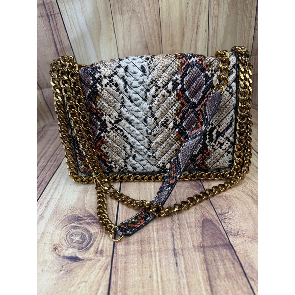 Aldo Snakeskin Print Chain Crossbody Bag Chevron Gold Tone Hardware Multi Color